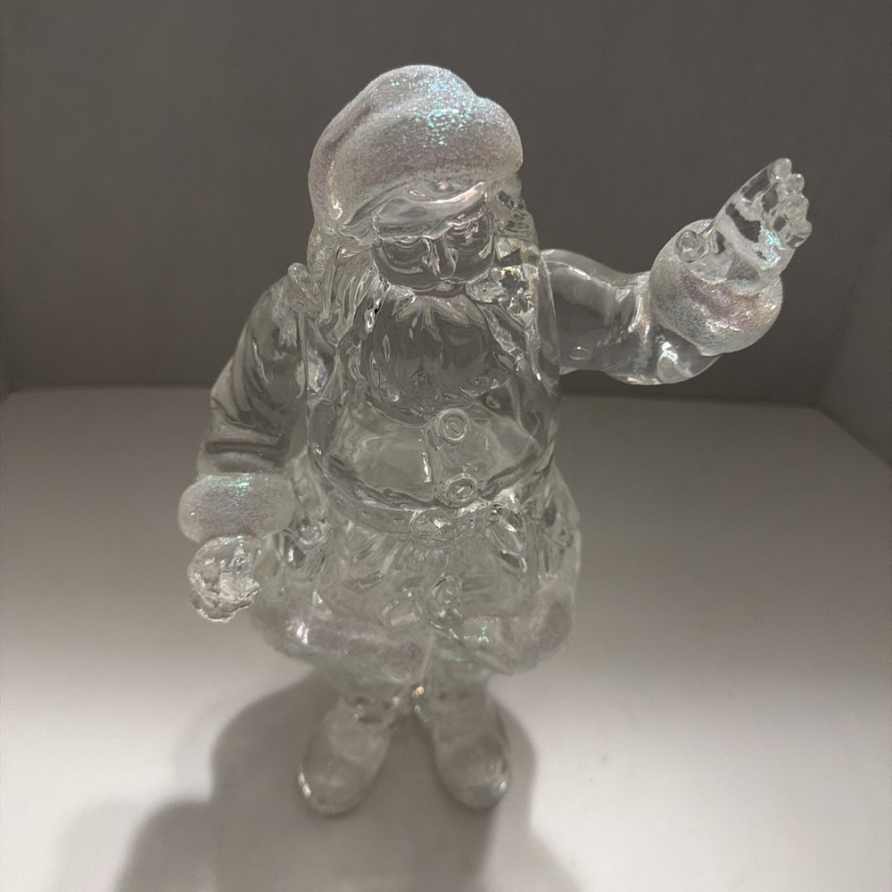 Clear Acrylic Waving Santa Claus Figurine Iridescent Glitter Trim 9 Inch